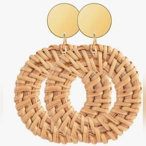 NEW Gold and Tan Rattan Circular Statement Earrings